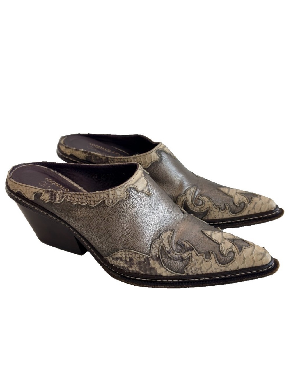 Donald J. Pliner Western Couture Collection Mule Metallic Gray Snakeskin 8M Y2K